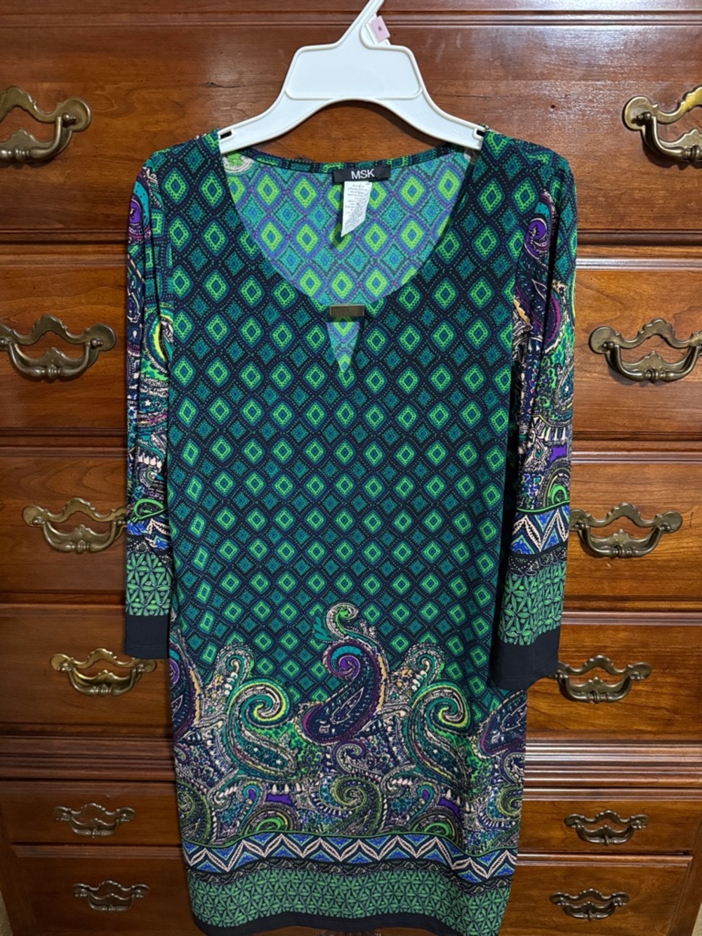 MSK Green and Purple Patterned Long Sleeve Dress